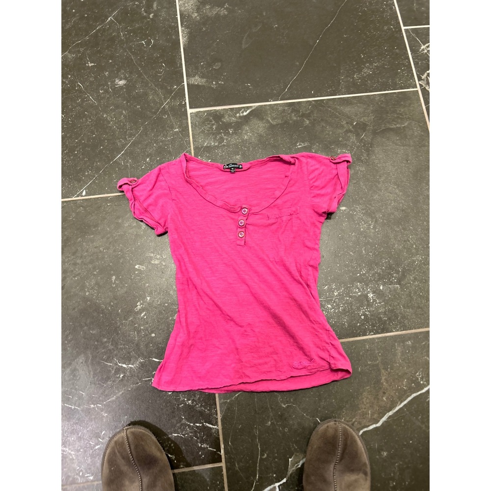 Ezekiel Womens Magenta‎ Pink Short Sleeve Henley Slub Knit Pocket Top Size S